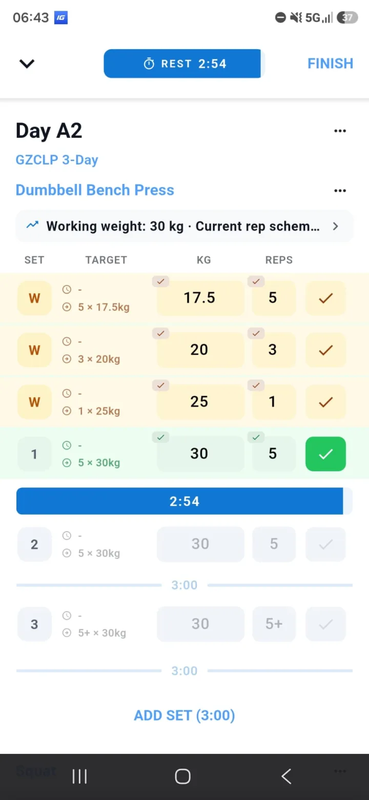 Active IronGains workout with completed sets and rest timer