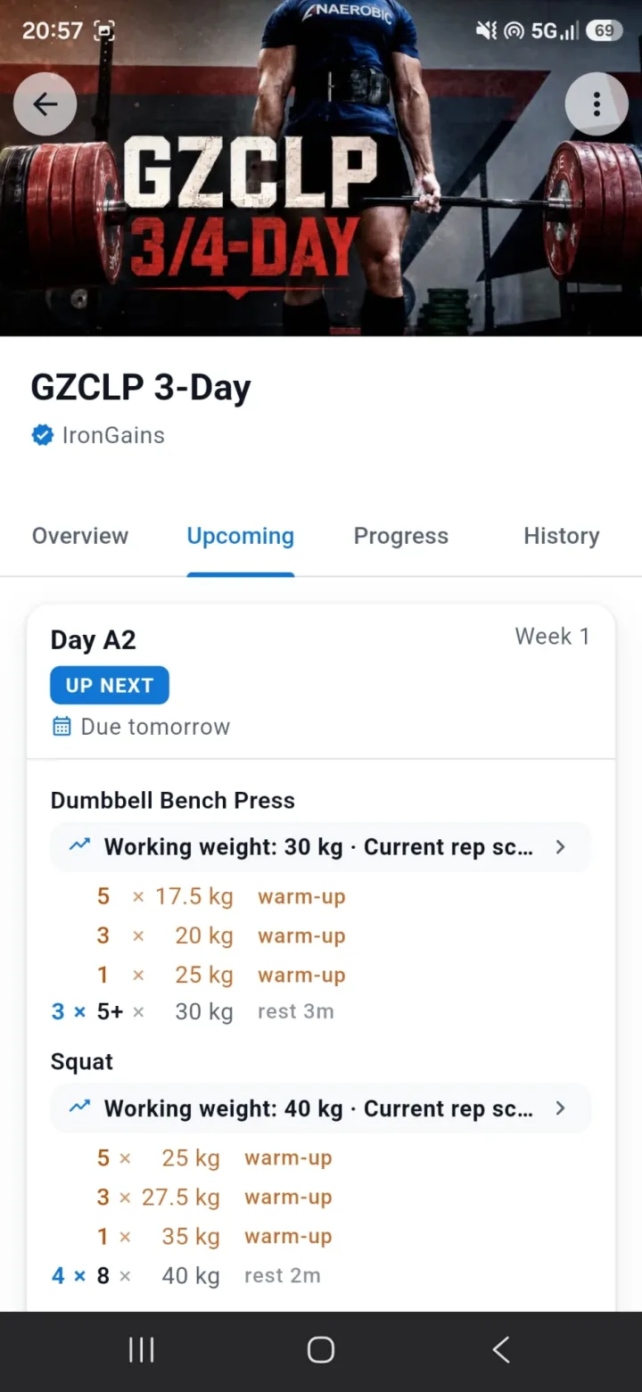 GZCLP program overview showing its upcoming workout