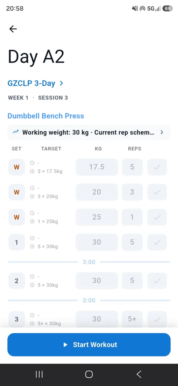 GZCLP workout preview with weights, reps, and rest times