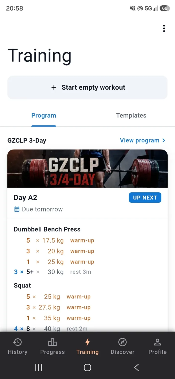 IronGains training tab with the next GZCLP workout